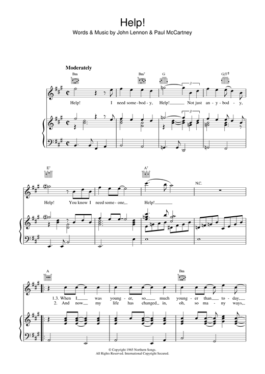 Preview The Beatles Help! Rock sheet music, notes and chords for Piano, Vocal & Guitar (Right-Hand Melody), SKU: 13665 sheet music, piano notes, chords, guitar tabs, score, transpose, transcribe, how to play, guide, download, learn, tutorial, progression, song, artist, awards, billboard, mtv, vh1, tour, single, album, release