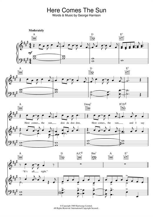 Preview The Beatles Here Comes The Sun Rock sheet music, notes and chords for Piano, Vocal & Guitar (Right-Hand Melody), SKU: 13667 sheet music, piano notes, chords, guitar tabs, score, transpose, transcribe, how to play, guide, download, learn, tutorial, progression, song, artist, awards, billboard, mtv, vh1, tour, single, album, release