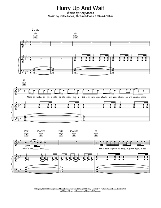 Preview Stereophonics Hurry Up And Wait Rock sheet music, notes and chords for Piano, Vocal & Guitar, SKU: 13671 sheet music, piano notes, chords, guitar tabs, score, transpose, transcribe, how to play, guide, download, learn, tutorial, progression, song, artist, awards, billboard, mtv, vh1, tour, single, album, release