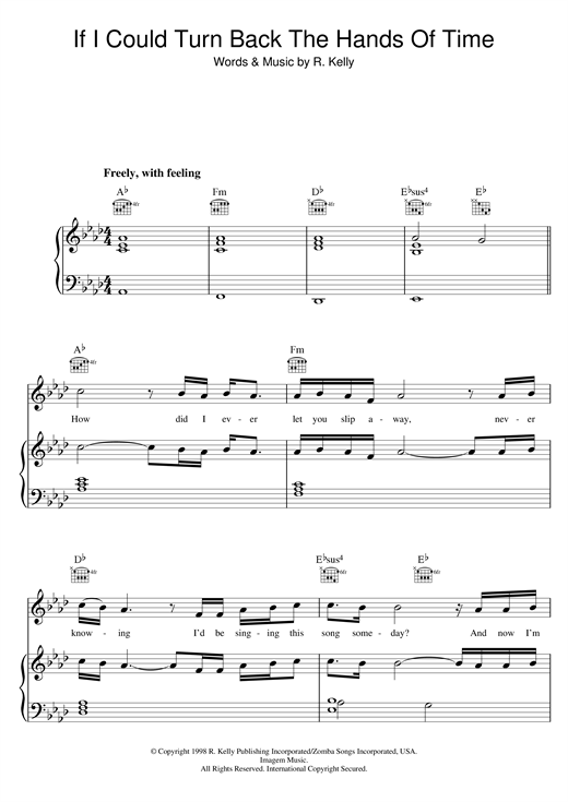 Preview R. Kelly If I Could Turn Back The Hands Of Time R & B sheet music, notes and chords for Piano, Vocal & Guitar (Right-Hand Melody), SKU: 13675 sheet music, piano notes, chords, guitar tabs, score, transpose, transcribe, how to play, guide, download, learn, tutorial, progression, song, artist, awards, billboard, mtv, vh1, tour, single, album, release