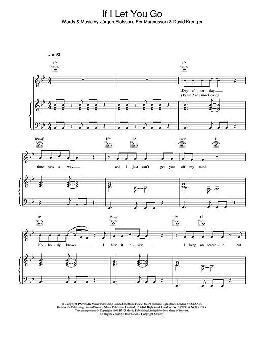 Preview Westlife If I Let You Go Pop sheet music, notes and chords for Piano, Vocal & Guitar, SKU: 13676 sheet music, piano notes, chords, guitar tabs, score, transpose, transcribe, how to play, guide, download, learn, tutorial, progression, song, artist, awards, billboard, mtv, vh1, tour, single, album, release