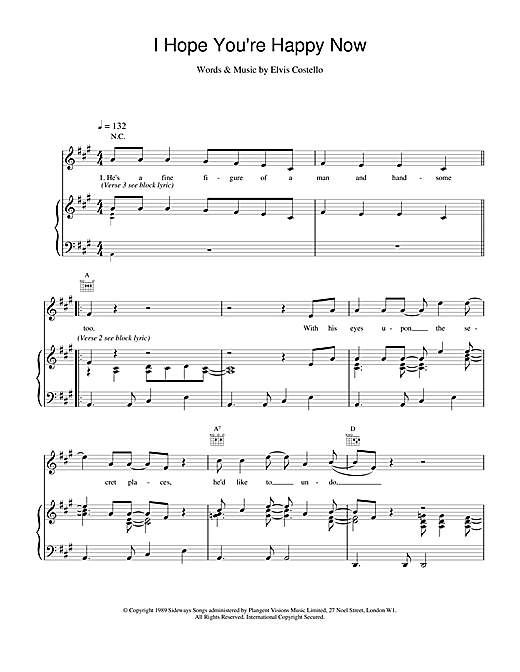 Preview Elvis Costello I Hope You're Happy Now Rock sheet music, notes and chords for Piano, Vocal & Guitar (Right-Hand Melody), SKU: 13678 sheet music, piano notes, chords, guitar tabs, score, transpose, transcribe, how to play, guide, download, learn, tutorial, progression, song, artist, awards, billboard, mtv, vh1, tour, single, album, release