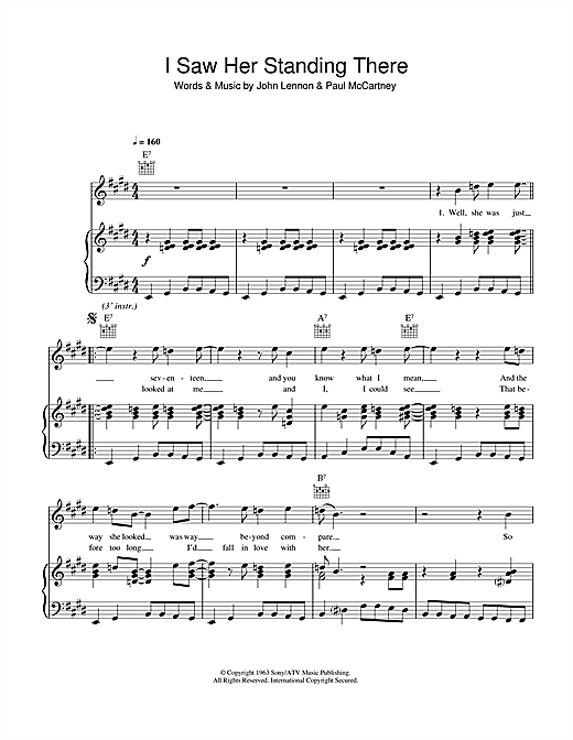 Preview The Beatles I Saw Her Standing There Rock sheet music, notes and chords for Piano, Vocal & Guitar (Right-Hand Melody), SKU: 13683 sheet music, piano notes, chords, guitar tabs, score, transpose, transcribe, how to play, guide, download, learn, tutorial, progression, song, artist, awards, billboard, mtv, vh1, tour, single, album, release