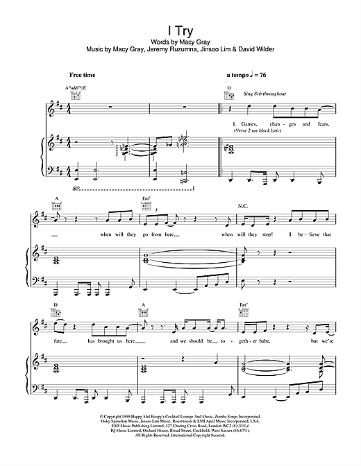 Preview Macy Gray I Try R & B sheet music, notes and chords for Piano, Vocal & Guitar, SKU: 13684 sheet music, piano notes, chords, guitar tabs, score, transpose, transcribe, how to play, guide, download, learn, tutorial, progression, song, artist, awards, billboard, mtv, vh1, tour, single, album, release