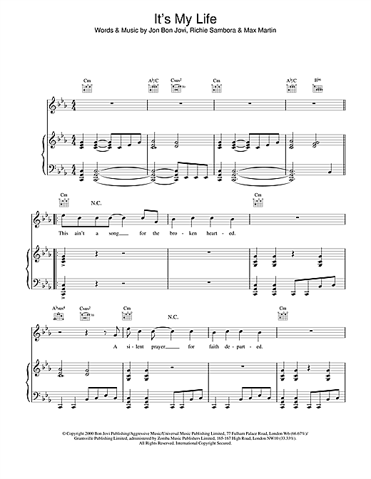 Preview Bon Jovi It's My Life Rock sheet music, notes and chords for Piano, Vocal & Guitar, SKU: 13685 sheet music, piano notes, chords, guitar tabs, score, transpose, transcribe, how to play, guide, download, learn, tutorial, progression, song, artist, awards, billboard, mtv, vh1, tour, single, album, release