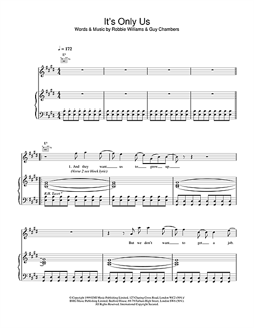 Preview Robbie Williams It's Only Us Rock sheet music, notes and chords for Piano, Vocal & Guitar, SKU: 13687 sheet music, piano notes, chords, guitar tabs, score, transpose, transcribe, how to play, guide, download, learn, tutorial, progression, song, artist, awards, billboard, mtv, vh1, tour, single, album, release