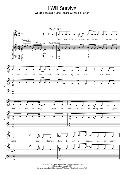 Preview Gloria Gaynor I Will Survive Disco sheet music, notes and chords for Piano, Vocal & Guitar (Right-Hand Melody), SKU: 13690 sheet music, piano notes, chords, guitar tabs, score, transpose, transcribe, how to play, guide, download, learn, tutorial, progression, song, artist, awards, billboard, mtv, vh1, tour, single, album, release