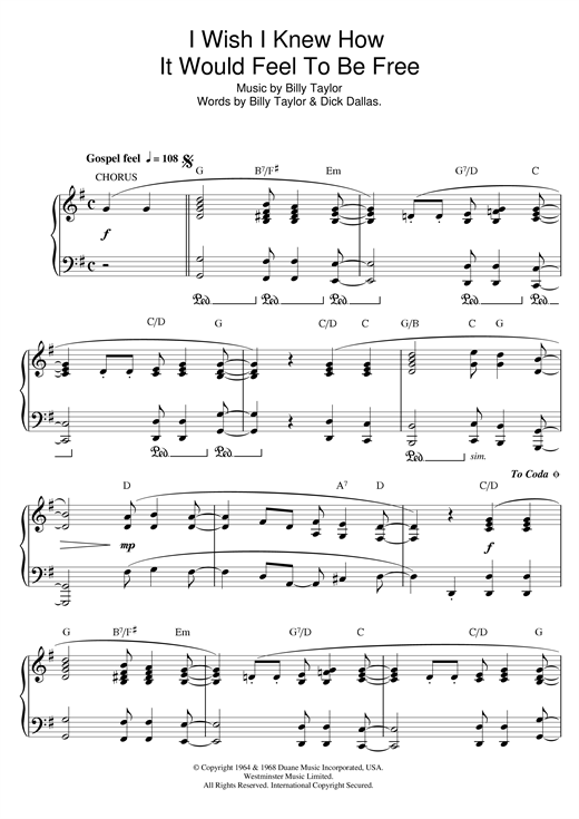Preview Billy Taylor I Wish I Knew How It Would Feel To Be Free Jazz sheet music, notes and chords for Piano, SKU: 13691 sheet music, piano notes, chords, guitar tabs, score, transpose, transcribe, how to play, guide, download, learn, tutorial, progression, song, artist, awards, billboard, mtv, vh1, tour, single, album, release