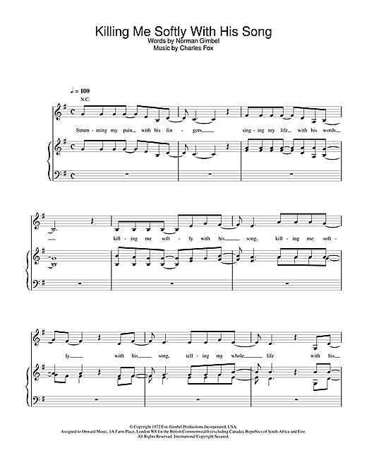 Preview Fugees Killing Me Softly With His Song R & B sheet music, notes and chords for Piano, Vocal & Guitar (Right-Hand Melody), SKU: 13692 sheet music, piano notes, chords, guitar tabs, score, transpose, transcribe, how to play, guide, download, learn, tutorial, progression, song, artist, awards, billboard, mtv, vh1, tour, single, album, release