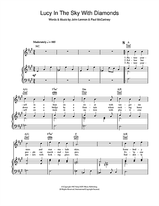Preview The Beatles Lucy In The Sky With Diamonds Rock sheet music, notes and chords for Piano, Vocal & Guitar (Right-Hand Melody), SKU: 13699 sheet music, piano notes, chords, guitar tabs, score, transpose, transcribe, how to play, guide, download, learn, tutorial, progression, song, artist, awards, billboard, mtv, vh1, tour, single, album, release