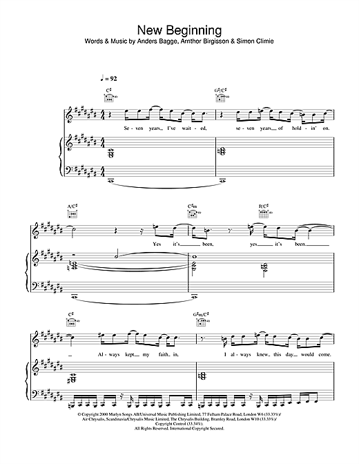 Preview Stephen Gately New Beginning Pop sheet music, notes and chords for Piano, Vocal & Guitar (Right-Hand Melody), SKU: 13706 sheet music, piano notes, chords, guitar tabs, score, transpose, transcribe, how to play, guide, download, learn, tutorial, progression, song, artist, awards, billboard, mtv, vh1, tour, single, album, release
