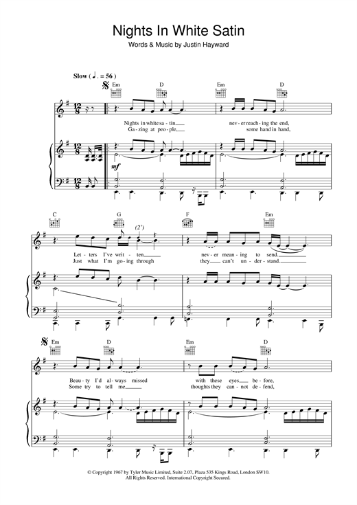 Preview The Moody Blues Nights In White Satin Rock sheet music, notes and chords for Piano, Vocal & Guitar (Right-Hand Melody), SKU: 13707 sheet music, piano notes, chords, guitar tabs, score, transpose, transcribe, how to play, guide, download, learn, tutorial, progression, song, artist, awards, billboard, mtv, vh1, tour, single, album, release