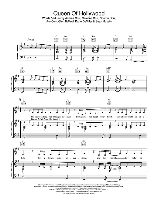 Preview The Corrs Queen Of Hollywood Folk sheet music, notes and chords for Piano, Vocal & Guitar (Right-Hand Melody), SKU: 13713 sheet music, piano notes, chords, guitar tabs, score, transpose, transcribe, how to play, guide, download, learn, tutorial, progression, song, artist, awards, billboard, mtv, vh1, tour, single, album, release