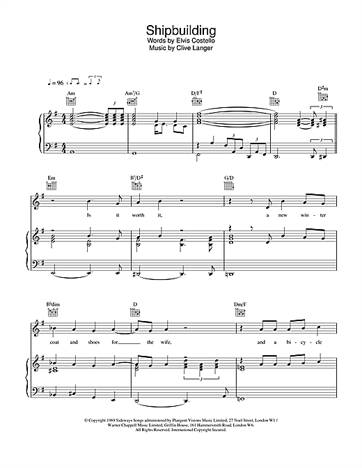 Preview Elvis Costello Shipbuilding Rock sheet music, notes and chords for Piano, Vocal & Guitar (Right-Hand Melody), SKU: 13722 sheet music, piano notes, chords, guitar tabs, score, transpose, transcribe, how to play, guide, download, learn, tutorial, progression, song, artist, awards, billboard, mtv, vh1, tour, single, album, release