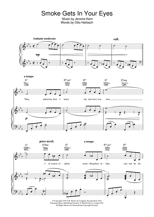 Preview Jerome Kern Smoke Gets In Your Eyes Jazz sheet music, notes and chords for Piano, Vocal & Guitar (Right-Hand Melody), SKU: 13723 sheet music, piano notes, chords, guitar tabs, score, transpose, transcribe, how to play, guide, download, learn, tutorial, progression, song, artist, awards, billboard, mtv, vh1, tour, single, album, release