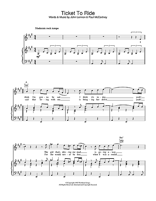 Preview The Beatles Ticket To Ride Rock sheet music, notes and chords for Piano, Vocal & Guitar (Right-Hand Melody), SKU: 13738 sheet music, piano notes, chords, guitar tabs, score, transpose, transcribe, how to play, guide, download, learn, tutorial, progression, song, artist, awards, billboard, mtv, vh1, tour, single, album, release