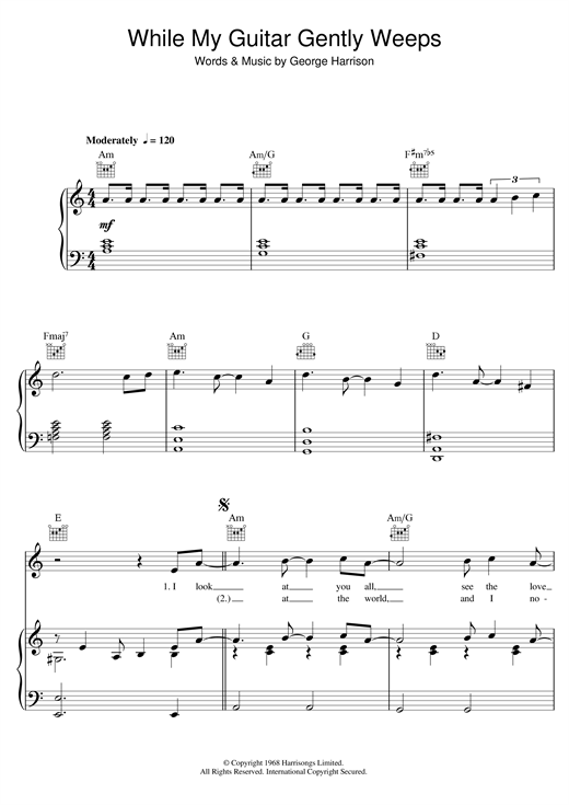 Preview The Beatles While My Guitar Gently Weeps Rock sheet music, notes and chords for Piano, Vocal & Guitar (Right-Hand Melody), SKU: 13745 sheet music, piano notes, chords, guitar tabs, score, transpose, transcribe, how to play, guide, download, learn, tutorial, progression, song, artist, awards, billboard, mtv, vh1, tour, single, album, release