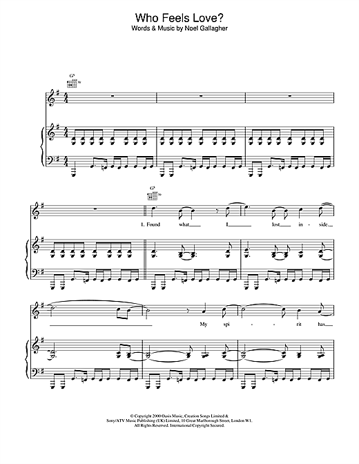 Preview Oasis Who Feels Love? Pop sheet music, notes and chords for Piano, Vocal & Guitar, SKU: 13747 sheet music, piano notes, chords, guitar tabs, score, transpose, transcribe, how to play, guide, download, learn, tutorial, progression, song, artist, awards, billboard, mtv, vh1, tour, single, album, release