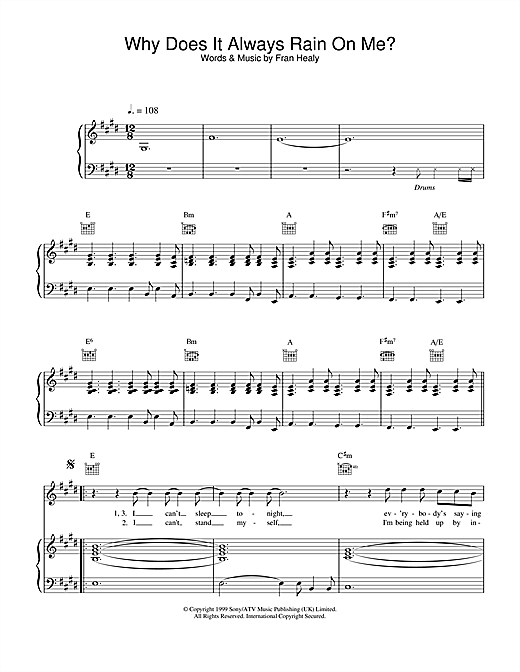 Preview Travis Why Does It Always Rain On Me? Rock sheet music, notes and chords for Piano, Vocal & Guitar, SKU: 13748 sheet music, piano notes, chords, guitar tabs, score, transpose, transcribe, how to play, guide, download, learn, tutorial, progression, song, artist, awards, billboard, mtv, vh1, tour, single, album, release