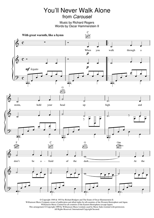 Preview Robson and Jerome You'll Never Walk Alone Musicals sheet music, notes and chords for Piano, Vocal & Guitar (Right-Hand Melody), SKU: 13752 sheet music, piano notes, chords, guitar tabs, score, transpose, transcribe, how to play, guide, download, learn, tutorial, progression, song, artist, awards, billboard, mtv, vh1, tour, single, album, release