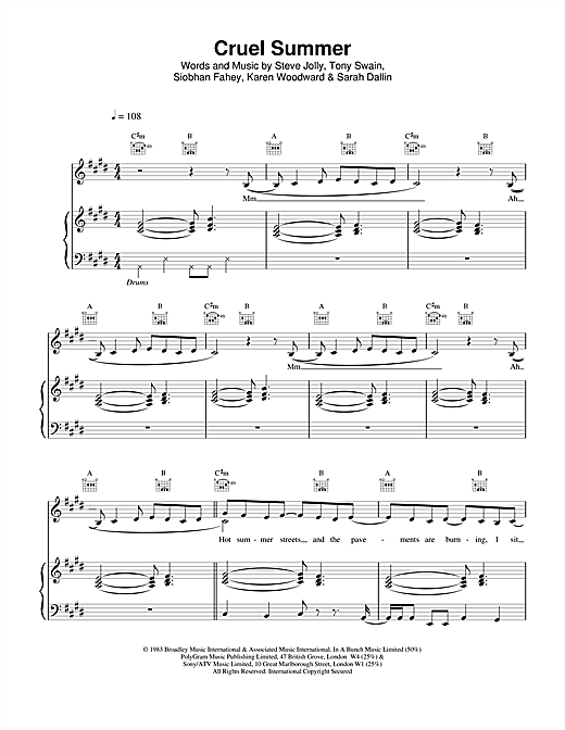Preview Ace Of Base Cruel Summer Pop sheet music, notes and chords for Piano, Vocal & Guitar (Right-Hand Melody), SKU: 13757 sheet music, piano notes, chords, guitar tabs, score, transpose, transcribe, how to play, guide, download, learn, tutorial, progression, song, artist, awards, billboard, mtv, vh1, tour, single, album, release