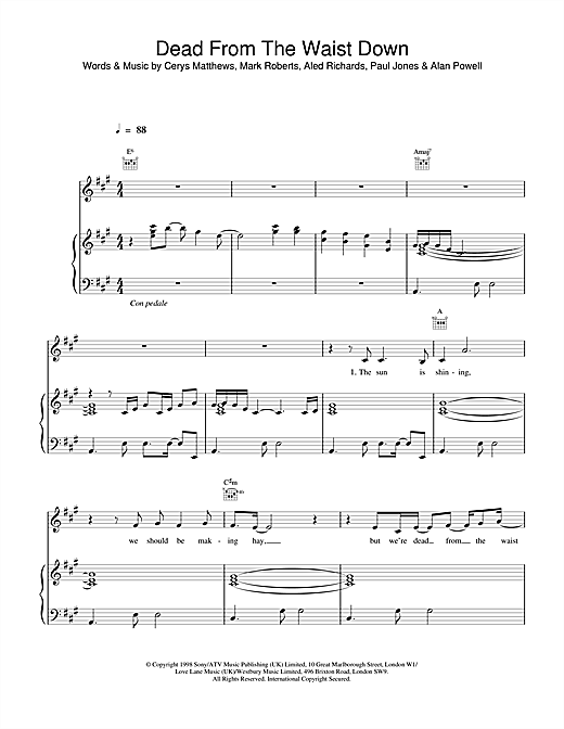 Preview Catatonia Dead From The Waist Down Pop sheet music, notes and chords for Piano, Vocal & Guitar, SKU: 13759 sheet music, piano notes, chords, guitar tabs, score, transpose, transcribe, how to play, guide, download, learn, tutorial, progression, song, artist, awards, billboard, mtv, vh1, tour, single, album, release