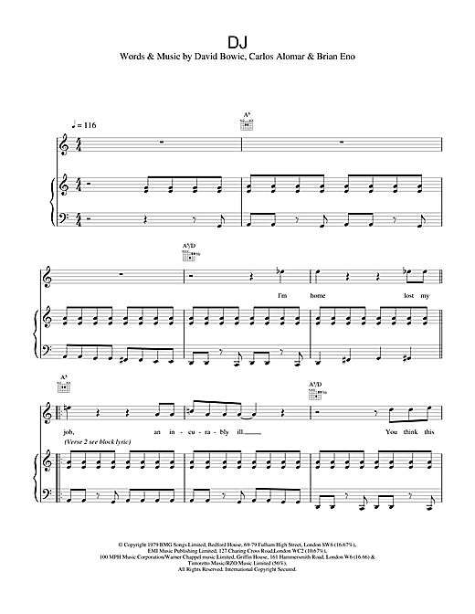 Preview David Bowie DJ Rock sheet music, notes and chords for Piano, Vocal & Guitar, SKU: 13762 sheet music, piano notes, chords, guitar tabs, score, transpose, transcribe, how to play, guide, download, learn, tutorial, progression, song, artist, awards, billboard, mtv, vh1, tour, single, album, release