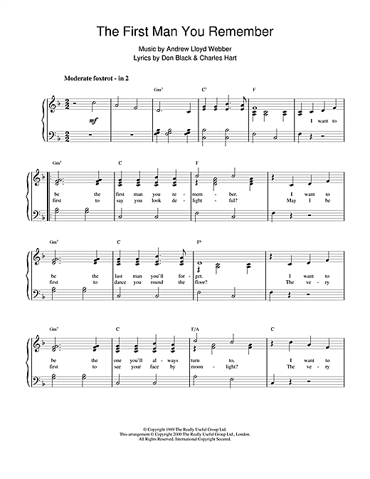Preview Andrew Lloyd Webber The First Man You Remember (from Aspects Of Love) Musicals sheet music, notes and chords for Piano, Vocal & Guitar (Right-Hand Melody), SKU: 13772 sheet music, piano notes, chords, guitar tabs, score, transpose, transcribe, how to play, guide, download, learn, tutorial, progression, song, artist, awards, billboard, mtv, vh1, tour, single, album, release