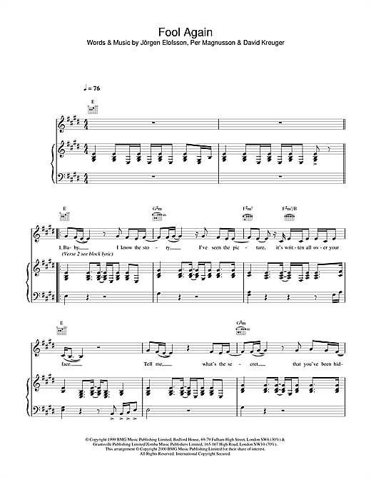 Preview Westlife Fool Again Pop sheet music, notes and chords for Piano, Vocal & Guitar, SKU: 13775 sheet music, piano notes, chords, guitar tabs, score, transpose, transcribe, how to play, guide, download, learn, tutorial, progression, song, artist, awards, billboard, mtv, vh1, tour, single, album, release