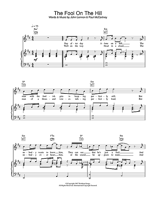Preview The Beatles The Fool On The Hill Rock sheet music, notes and chords for Piano, Vocal & Guitar (Right-Hand Melody), SKU: 13776 sheet music, piano notes, chords, guitar tabs, score, transpose, transcribe, how to play, guide, download, learn, tutorial, progression, song, artist, awards, billboard, mtv, vh1, tour, single, album, release