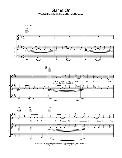 Preview Catatonia Game On Pop sheet music, notes and chords for Piano, Vocal & Guitar, SKU: 13780 sheet music, piano notes, chords, guitar tabs, score, transpose, transcribe, how to play, guide, download, learn, tutorial, progression, song, artist, awards, billboard, mtv, vh1, tour, single, album, release