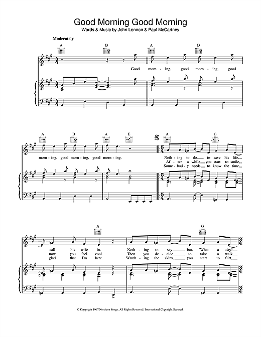 Preview The Beatles Good Morning Good Morning Rock sheet music, notes and chords for Piano, Vocal & Guitar (Right-Hand Melody), SKU: 13783 sheet music, piano notes, chords, guitar tabs, score, transpose, transcribe, how to play, guide, download, learn, tutorial, progression, song, artist, awards, billboard, mtv, vh1, tour, single, album, release