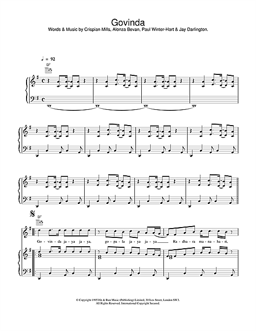 Preview Kula Shaker Govinda Rock sheet music, notes and chords for Piano, Vocal & Guitar (Right-Hand Melody), SKU: 13784 sheet music, piano notes, chords, guitar tabs, score, transpose, transcribe, how to play, guide, download, learn, tutorial, progression, song, artist, awards, billboard, mtv, vh1, tour, single, album, release