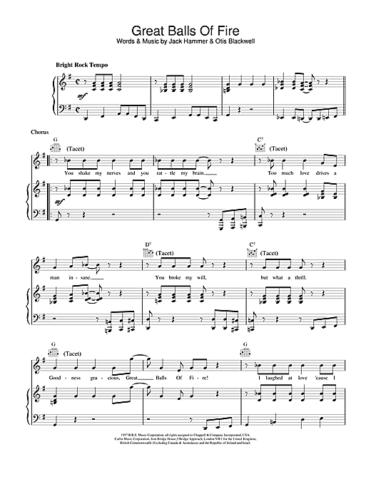 Preview Jerry Lee Lewis Great Balls Of Fire Rock N Roll sheet music, notes and chords for Piano, Vocal & Guitar (Right-Hand Melody), SKU: 13786 sheet music, piano notes, chords, guitar tabs, score, transpose, transcribe, how to play, guide, download, learn, tutorial, progression, song, artist, awards, billboard, mtv, vh1, tour, single, album, release