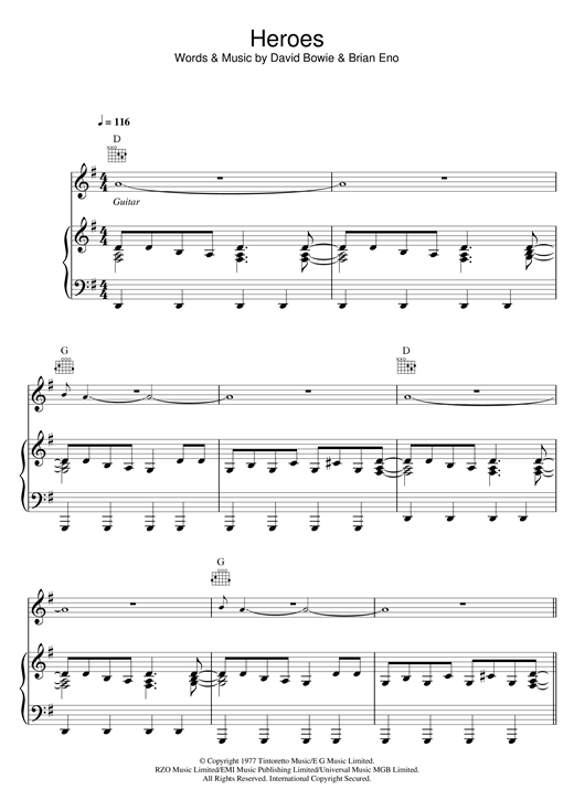 Preview David Bowie Heroes Rock sheet music, notes and chords for Piano, Vocal & Guitar, SKU: 13787 sheet music, piano notes, chords, guitar tabs, score, transpose, transcribe, how to play, guide, download, learn, tutorial, progression, song, artist, awards, billboard, mtv, vh1, tour, single, album, release