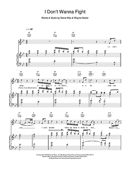 Preview Westlife I Don't Wanna Fight Pop sheet music, notes and chords for Piano, Vocal & Guitar, SKU: 13790 sheet music, piano notes, chords, guitar tabs, score, transpose, transcribe, how to play, guide, download, learn, tutorial, progression, song, artist, awards, billboard, mtv, vh1, tour, single, album, release
