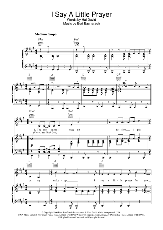Preview Aretha Franklin I Say A Little Prayer Pop sheet music, notes and chords for Piano, Vocal & Guitar (Right-Hand Melody), SKU: 13796 sheet music, piano notes, chords, guitar tabs, score, transpose, transcribe, how to play, guide, download, learn, tutorial, progression, song, artist, awards, billboard, mtv, vh1, tour, single, album, release