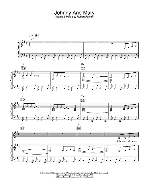 Preview Robert Palmer Johnny And Mary Rock sheet music, notes and chords for Piano, Vocal & Guitar (Right-Hand Melody), SKU: 13804 sheet music, piano notes, chords, guitar tabs, score, transpose, transcribe, how to play, guide, download, learn, tutorial, progression, song, artist, awards, billboard, mtv, vh1, tour, single, album, release