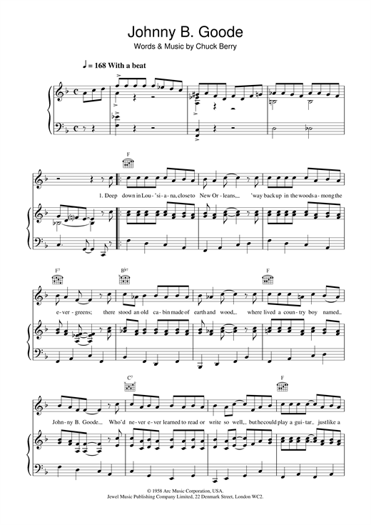 Preview Chuck Berry Johnny B. Goode Pop sheet music, notes and chords for Piano, Vocal & Guitar (Right-Hand Melody), SKU: 13805 sheet music, piano notes, chords, guitar tabs, score, transpose, transcribe, how to play, guide, download, learn, tutorial, progression, song, artist, awards, billboard, mtv, vh1, tour, single, album, release