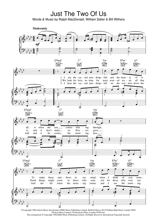 Preview Bill Withers Just The Two Of Us Jazz sheet music, notes and chords for Piano, Vocal & Guitar (Right-Hand Melody), SKU: 13808 sheet music, piano notes, chords, guitar tabs, score, transpose, transcribe, how to play, guide, download, learn, tutorial, progression, song, artist, awards, billboard, mtv, vh1, tour, single, album, release