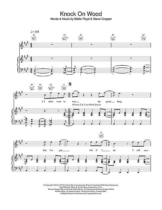 Preview David Bowie Knock On Wood (Live Version) Soul sheet music, notes and chords for Piano, Vocal & Guitar, SKU: 13810 sheet music, piano notes, chords, guitar tabs, score, transpose, transcribe, how to play, guide, download, learn, tutorial, progression, song, artist, awards, billboard, mtv, vh1, tour, single, album, release