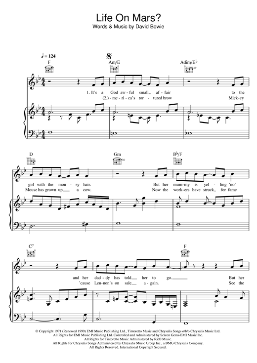 Preview David Bowie Life On Mars? Rock sheet music, notes and chords for Piano, Vocal & Guitar, SKU: 13816 sheet music, piano notes, chords, guitar tabs, score, transpose, transcribe, how to play, guide, download, learn, tutorial, progression, song, artist, awards, billboard, mtv, vh1, tour, single, album, release