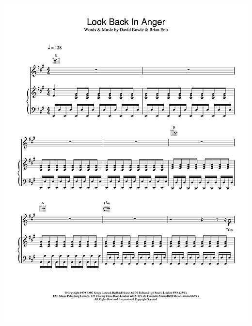 Preview David Bowie Look Back In Anger Rock sheet music, notes and chords for Piano, Vocal & Guitar, SKU: 13819 sheet music, piano notes, chords, guitar tabs, score, transpose, transcribe, how to play, guide, download, learn, tutorial, progression, song, artist, awards, billboard, mtv, vh1, tour, single, album, release