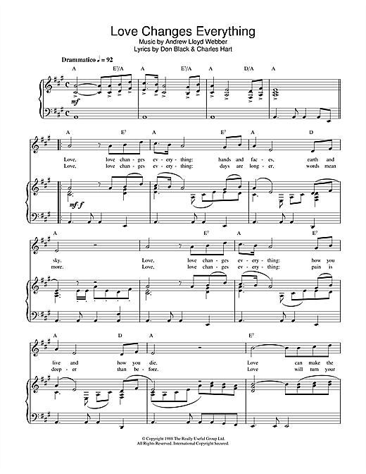 Preview Andrew Lloyd Webber Love Changes Everything (from Aspects Of Love) Musicals sheet music, notes and chords for Piano, Vocal & Guitar (Right-Hand Melody), SKU: 13820 sheet music, piano notes, chords, guitar tabs, score, transpose, transcribe, how to play, guide, download, learn, tutorial, progression, song, artist, awards, billboard, mtv, vh1, tour, single, album, release