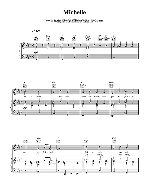 Preview The Beatles Michelle Rock sheet music, notes and chords for Piano, Vocal & Guitar (Right-Hand Melody), SKU: 13822 sheet music, piano notes, chords, guitar tabs, score, transpose, transcribe, how to play, guide, download, learn, tutorial, progression, song, artist, awards, billboard, mtv, vh1, tour, single, album, release