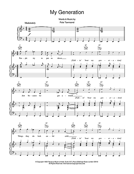 Preview The Who My Generation Classics sheet music, notes and chords for Piano, Vocal & Guitar (Right-Hand Melody), SKU: 13824 sheet music, piano notes, chords, guitar tabs, score, transpose, transcribe, how to play, guide, download, learn, tutorial, progression, song, artist, awards, billboard, mtv, vh1, tour, single, album, release