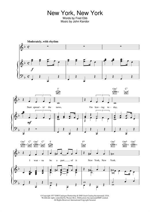 Preview Frank Sinatra New York, New York Jazz sheet music, notes and chords for Piano, Vocal & Guitar (Right-Hand Melody), SKU: 13827 sheet music, piano notes, chords, guitar tabs, score, transpose, transcribe, how to play, guide, download, learn, tutorial, progression, song, artist, awards, billboard, mtv, vh1, tour, single, album, release