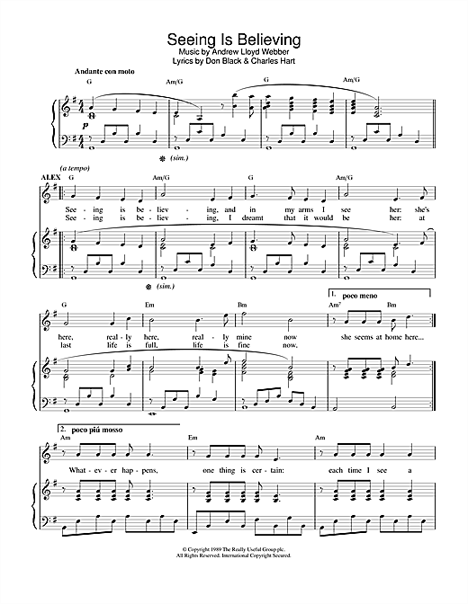 Preview Andrew Lloyd Webber Seeing Is Believing (from Aspects Of Love) Musicals sheet music, notes and chords for Piano, Vocal & Guitar (Right-Hand Melody), SKU: 13851 sheet music, piano notes, chords, guitar tabs, score, transpose, transcribe, how to play, guide, download, learn, tutorial, progression, song, artist, awards, billboard, mtv, vh1, tour, single, album, release