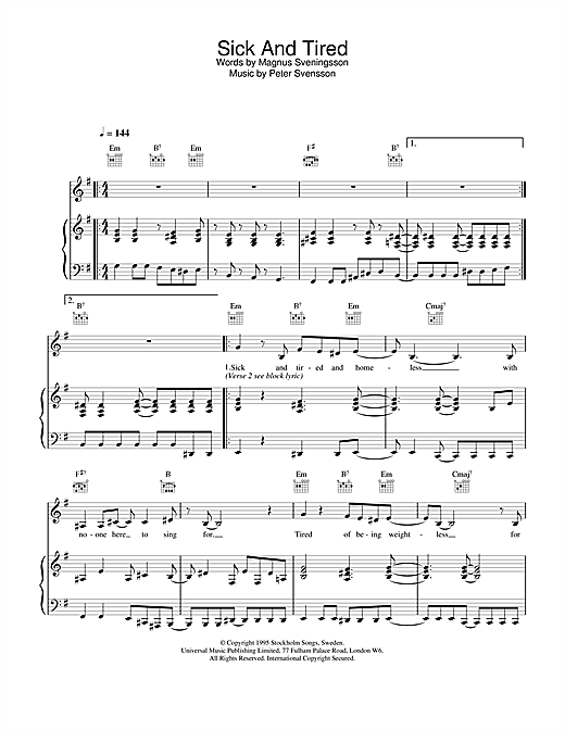 Preview The Cardigans Sick And Tired Pop sheet music, notes and chords for Piano, Vocal & Guitar, SKU: 13852 sheet music, piano notes, chords, guitar tabs, score, transpose, transcribe, how to play, guide, download, learn, tutorial, progression, song, artist, awards, billboard, mtv, vh1, tour, single, album, release