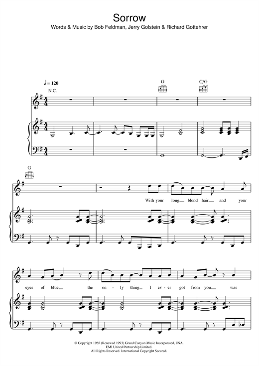 Preview David Bowie Sorrow Rock sheet music, notes and chords for Piano, Vocal & Guitar, SKU: 13854 sheet music, piano notes, chords, guitar tabs, score, transpose, transcribe, how to play, guide, download, learn, tutorial, progression, song, artist, awards, billboard, mtv, vh1, tour, single, album, release